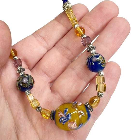 Cobalt Blue & Yellow Lampwork Seed Beaded Necklace - Picture 3 of 10